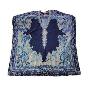 Lilly Pulitzer Atlin Silk Kaftan Women's S/M Blue print Cold Shoulder 100% Silk